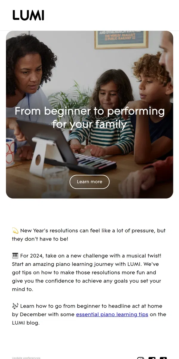 Email from LUMI. A guide to learning piano as a New Year's resolution  🎹 🎶 