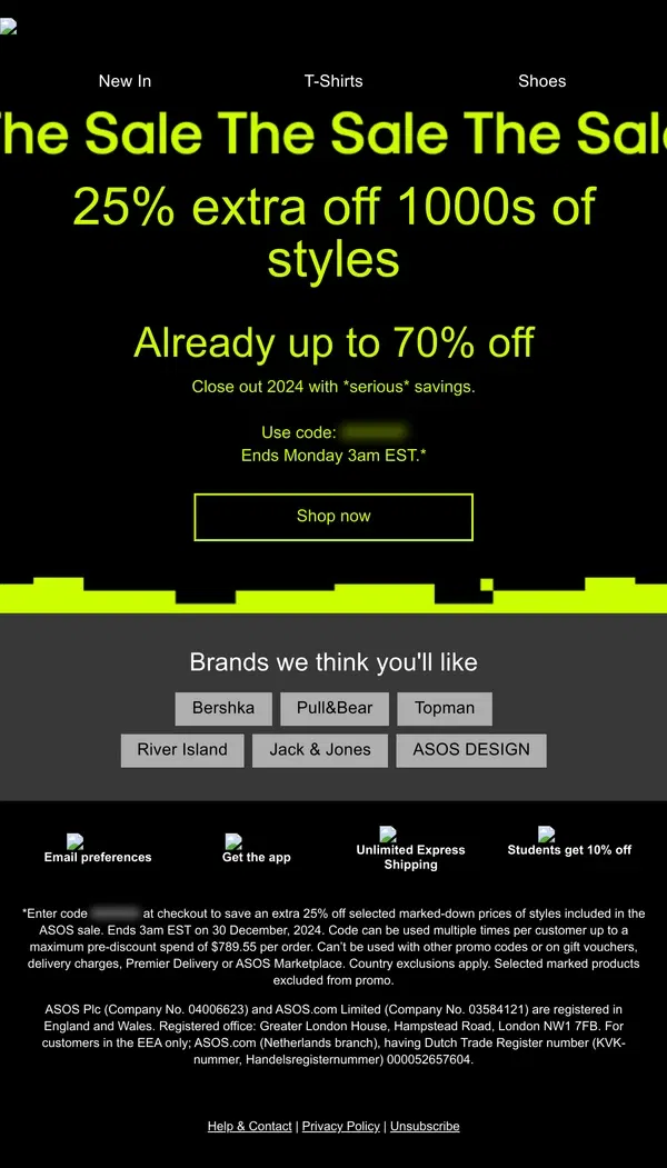 Email from ASOS. 25% extra off 1000s of Sale styles