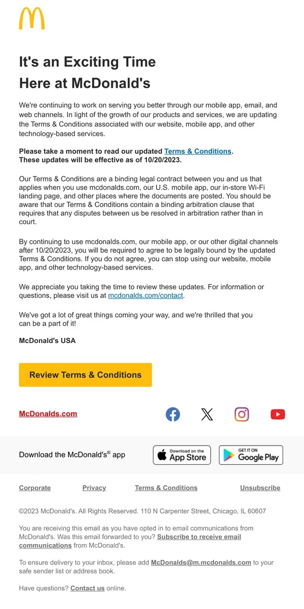 Email from McDonald's. We’ve updated our Terms and Conditions