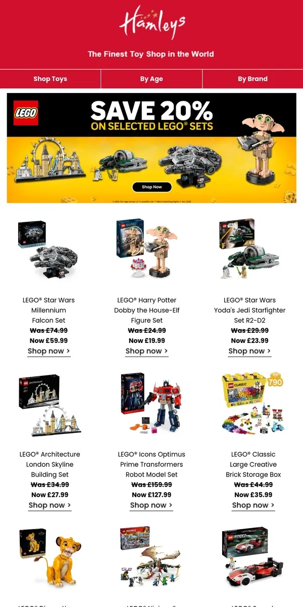 Email from Hamleys. Shop 20% Off selected Best Selling LEGO Sets