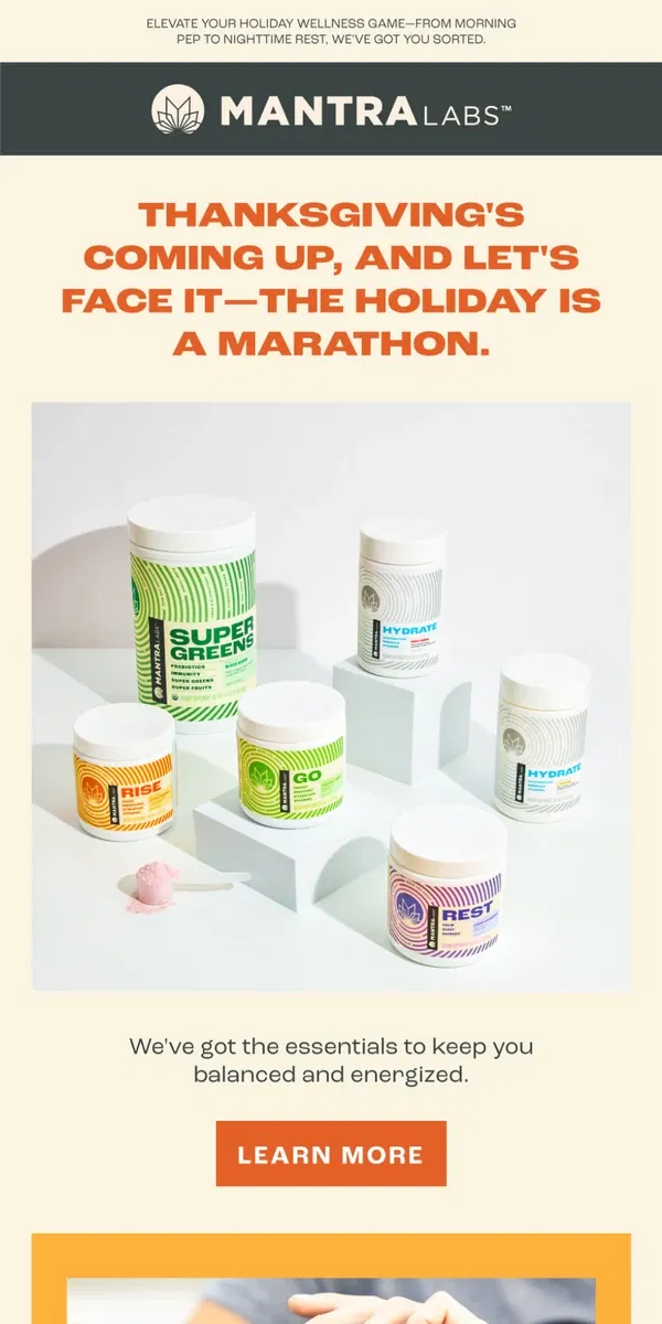 Email from MANTRA Labs. The Ultimate Wellness Kit for a Balanced Thanksgiving