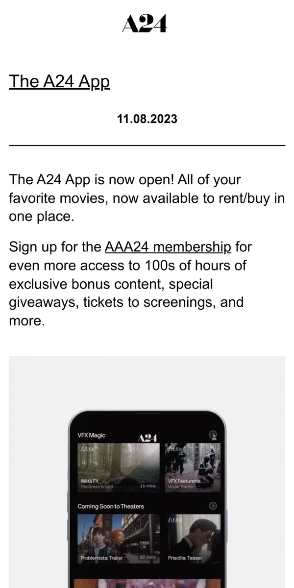 Email from A24. The A24 App is now open