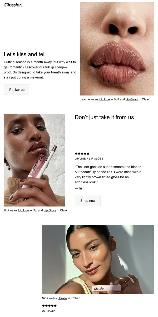 Email from Glossier. Let’s kiss and tell