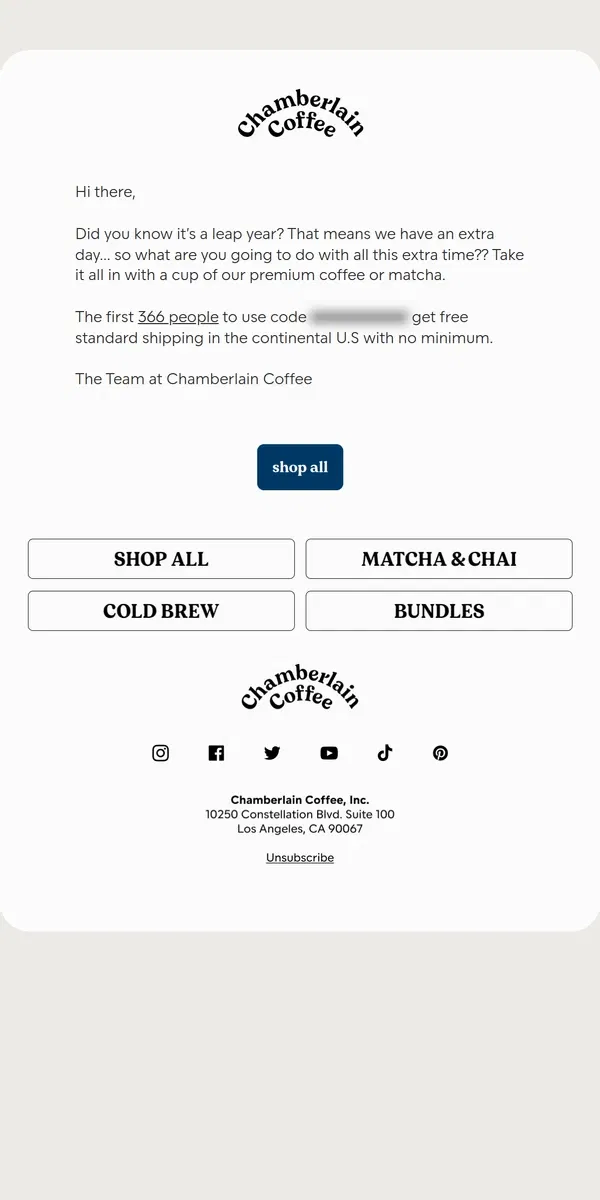 Email from Chamberlain Coffee. free shipping for 366 people!!