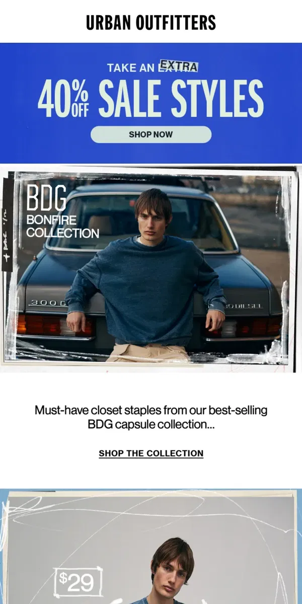 Email from Urban Outfitters. our best-selling BDG Bonfire Collection