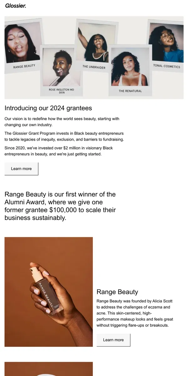 Email from Glossier. Meet our Grant winners!