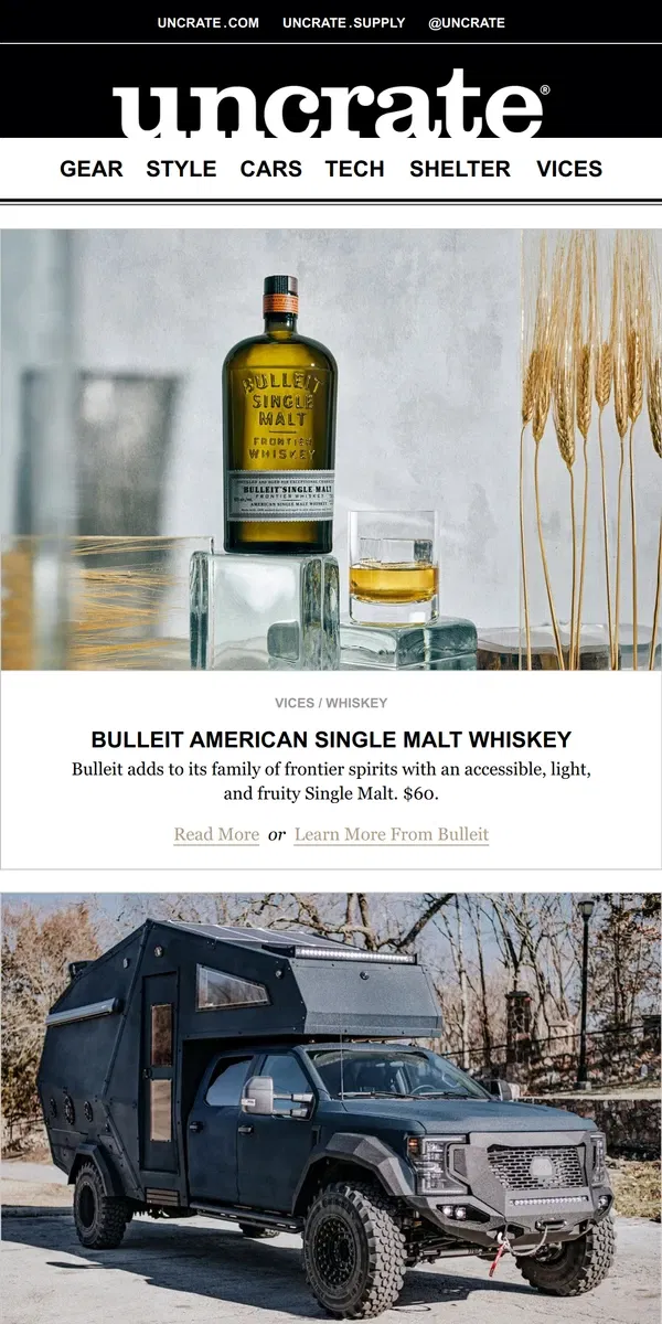 Email from Uncrate. Bulleit American Single Malt Whiskey & more