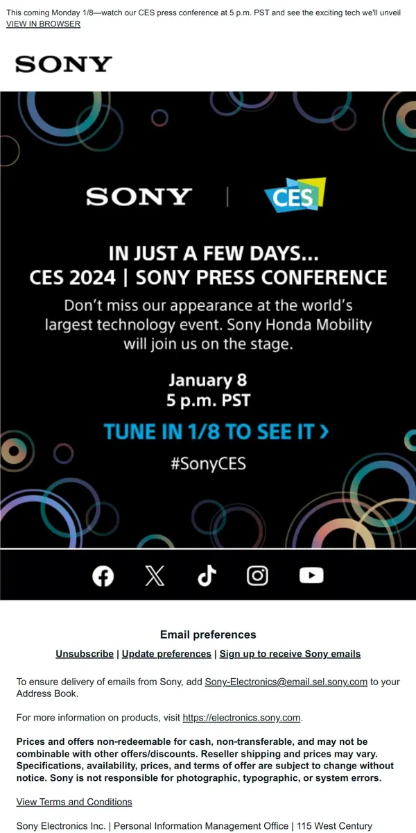 Email from Sony. Ready to See the Future of Sony? | Join Us on 1/8 at 5 p.m. PST