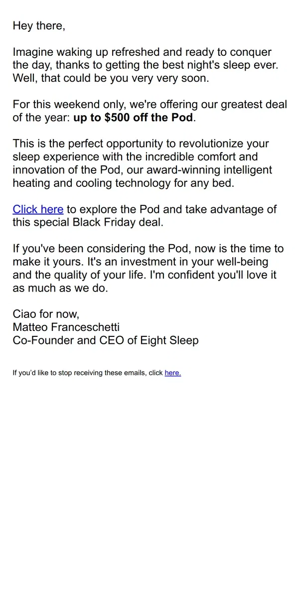 Email from Eight Sleep. My Black Friday gift to you