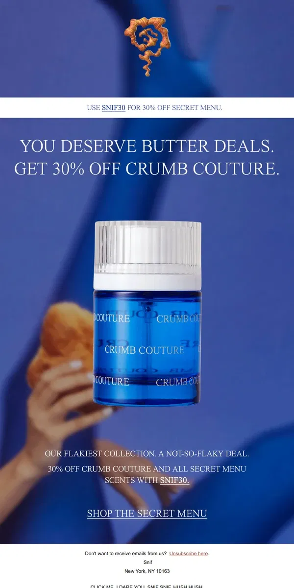 Email from Snif. 30% OFF CRUMB COUTURE. 🥐