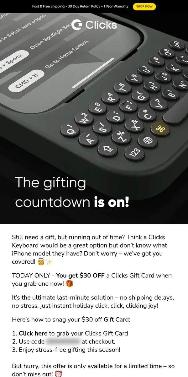 Email from Clicks. 🎁 Last-Minute Gift? Get $30 Off a Clicks Gift Card