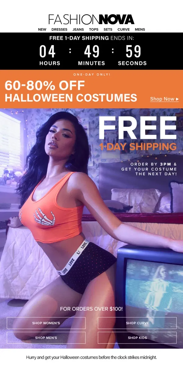 Email from Fashion Nova. Order NOW, Get Ur Costume TMRW!🎃