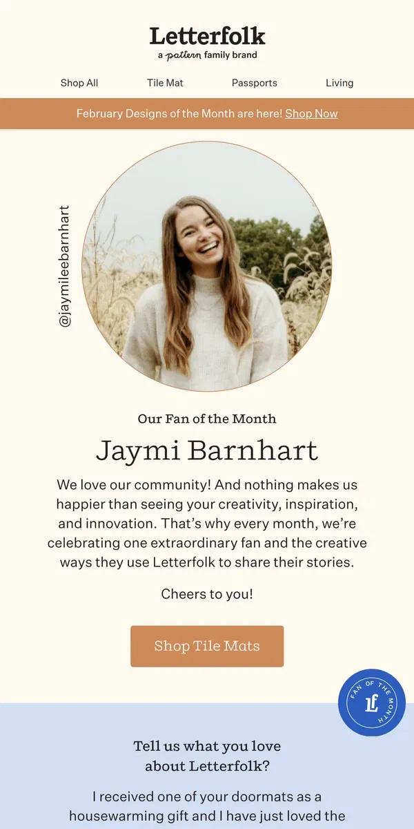 Email from Letterfolk. Introducing our February Fan of the Month