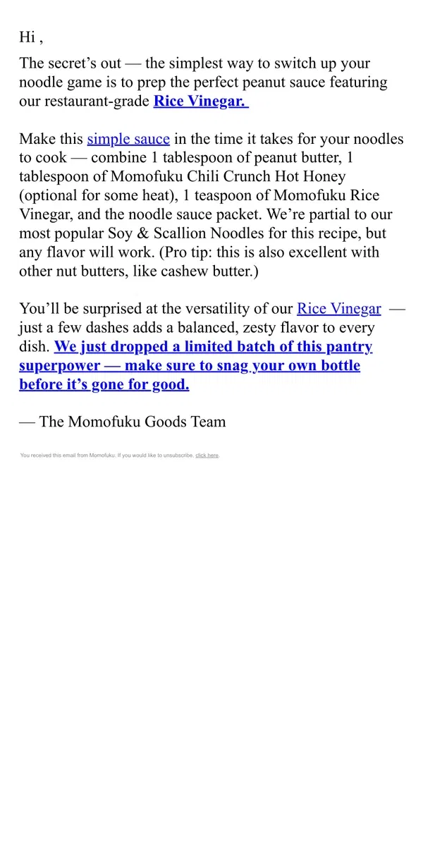 Email from Momofuku. Our Secret to the Perfect Sauce for Noodles