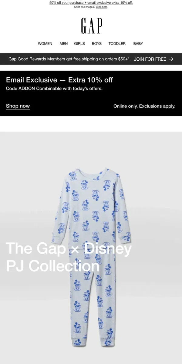 Email from GAP. NEW DISNEY PJ SETS