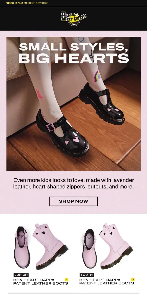 Email from Dr. Martens. New in kids—heart styles they'll love