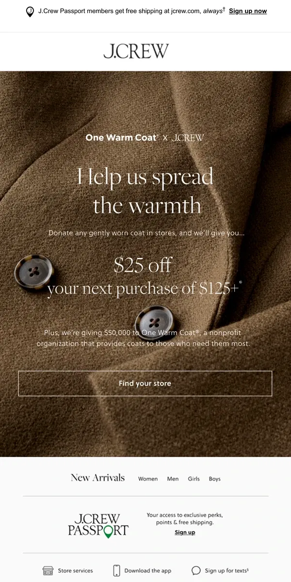 Email from J.Crew. Help us spread the warmth with One Warm Coat