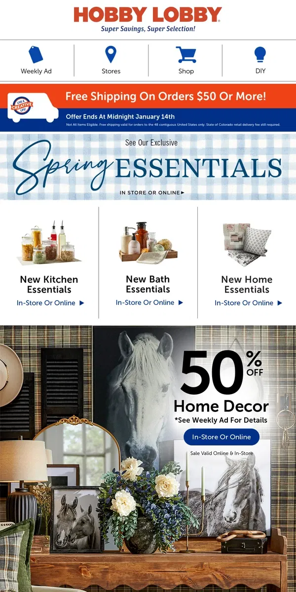 Email from Hobby Lobby. Decorate Your Space – 50% Off Home Decor