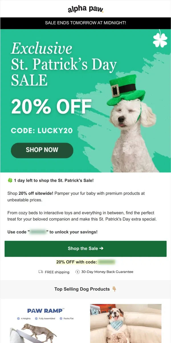 Email from Alpha Paw. ⏰ 1 Day Left! Shop the St. Patrick's Sale...