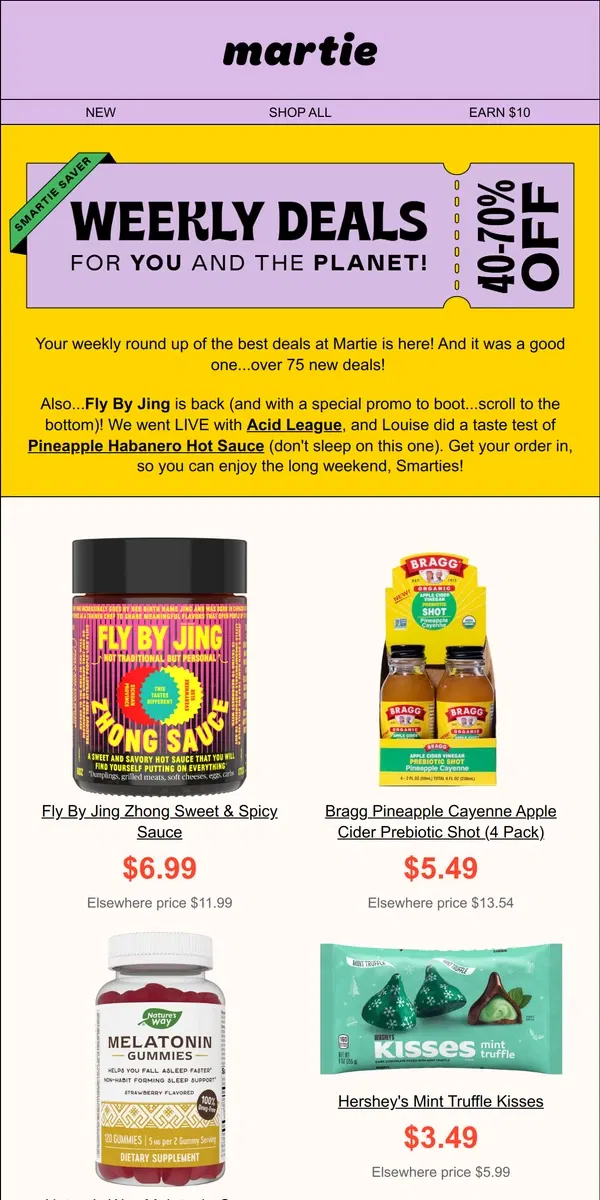 Email from Martie. 🔥 FREE Fly By Jing Promo! | Your Weekly Smartie Saver is here! 🎉