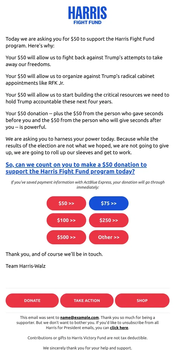 Email from Kamala Harris. Your $50