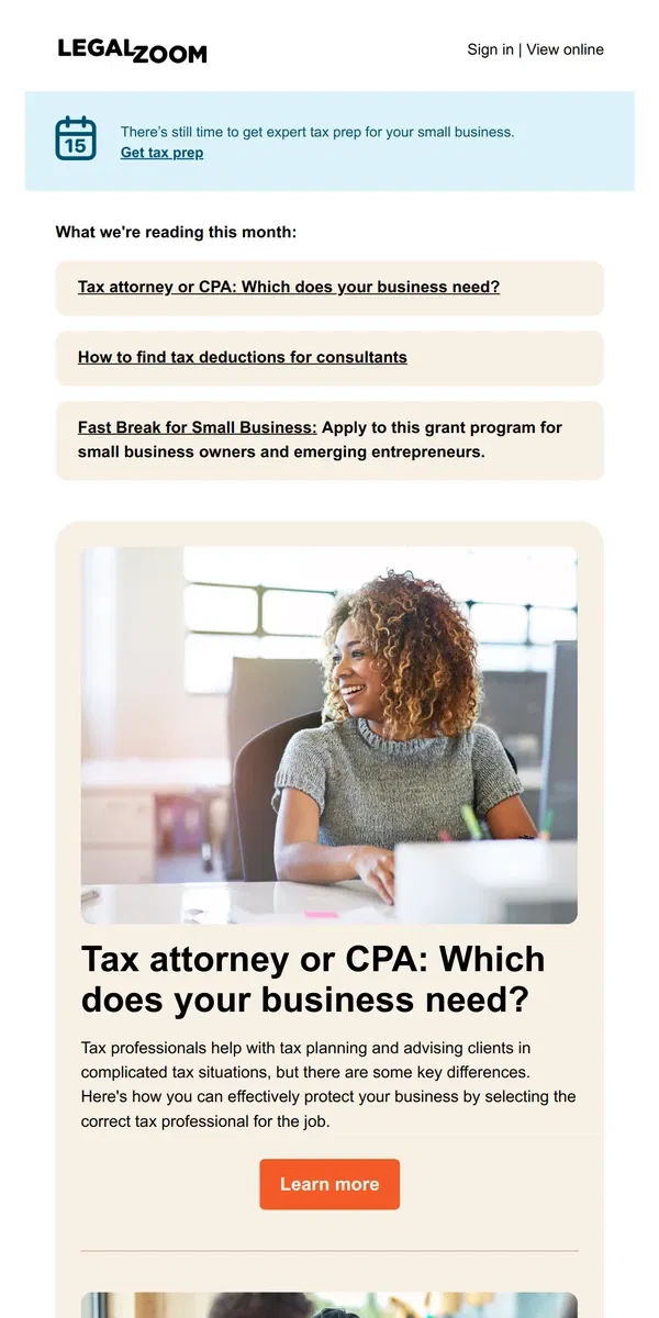 Email from LegalZoom. Does your business need an attorney or a tax expert?