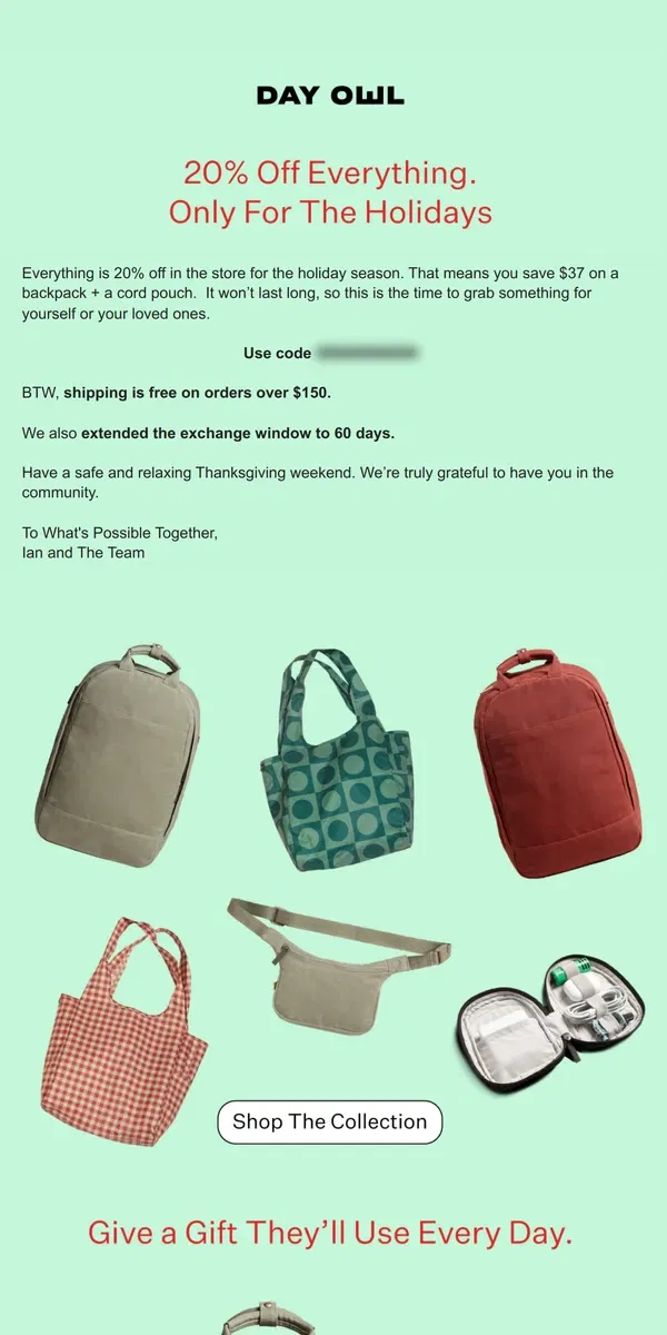 Email from Day Owl. $37 off a Backpack + a Cord Pouch NOW ⏳🎒🎁