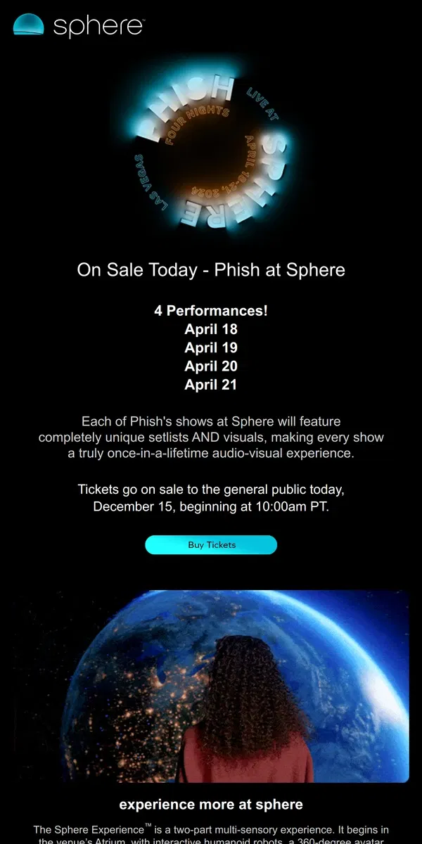 Email from Sphere. Phish Tickets Are On Sale Today