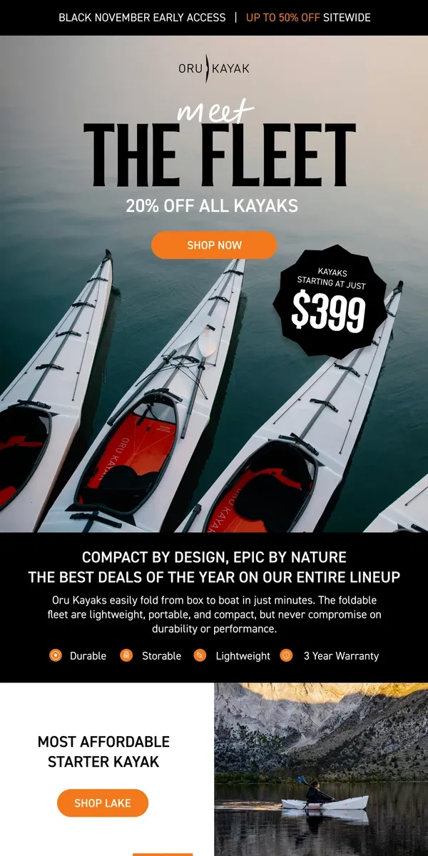 Email from Oru Kayak. 20-50% Off Sitewide | Meet The Fleet 🛶