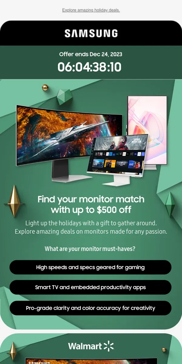 Email from Samsung. [Name], monitors are up to $500 off—for now💸