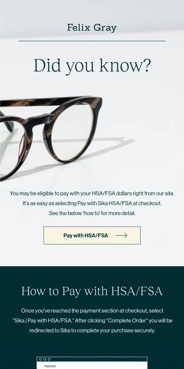 Email from Felix Gray. Smart Spending: Use HSA/FSA for Blue Light Glasses