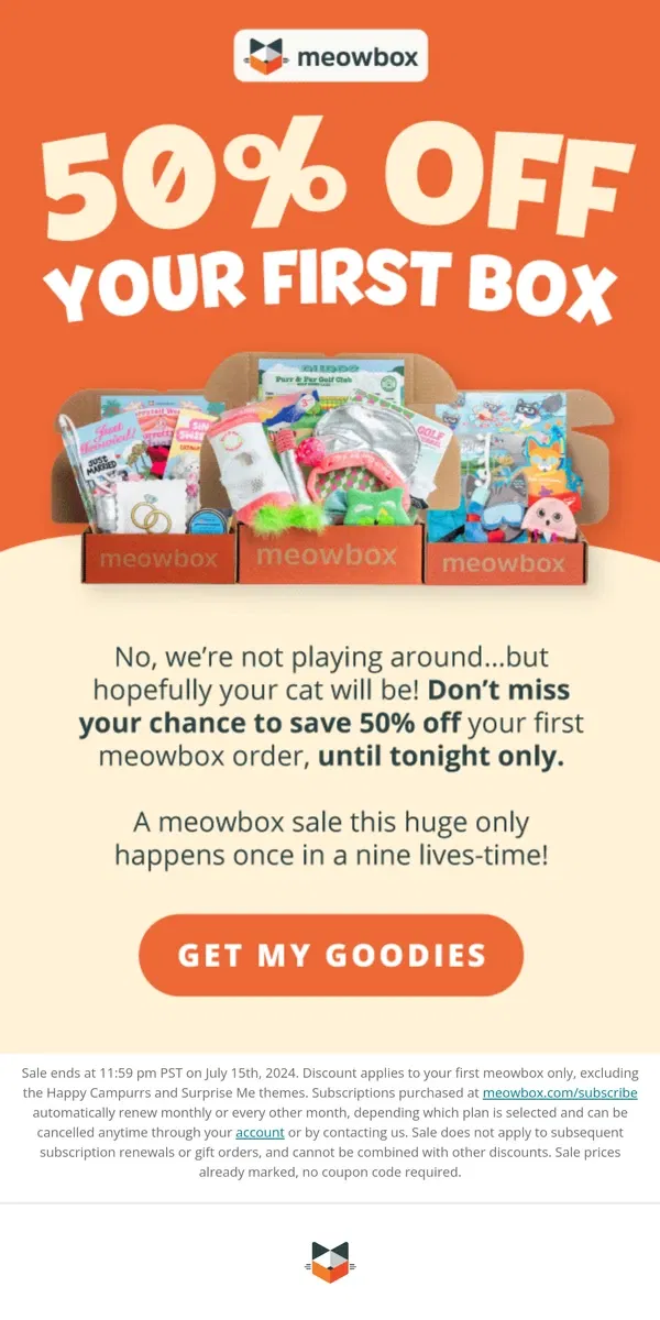 Email from meowbox. Shop the biggest sale in meowbox hisstory 🙀