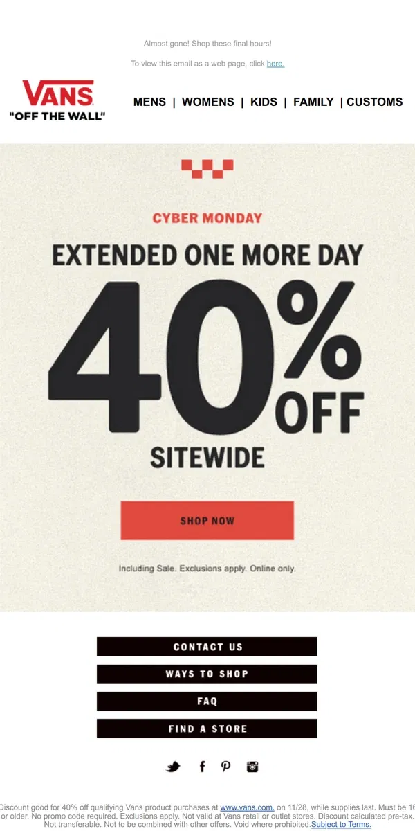 Email from Vans. ⏳ 40% Off Going...Going...