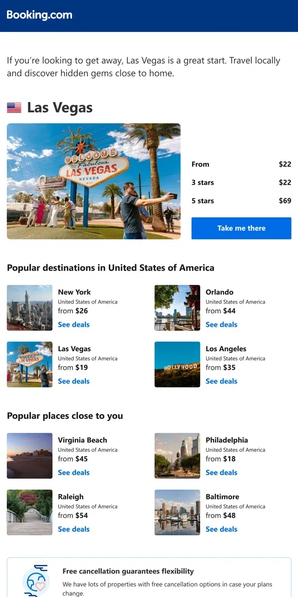 Email from Booking.com. Deals in Las Vegas from $22 for February