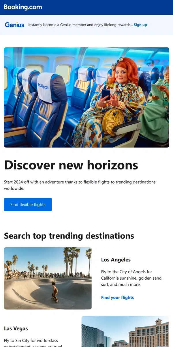 Email from Booking.com. Discover new horizons with flexible flights