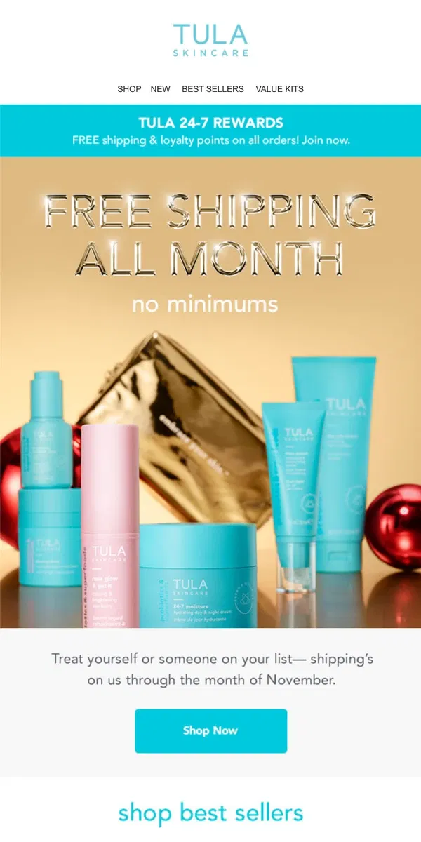 Email from TULA Skincare. Free shipping all November!