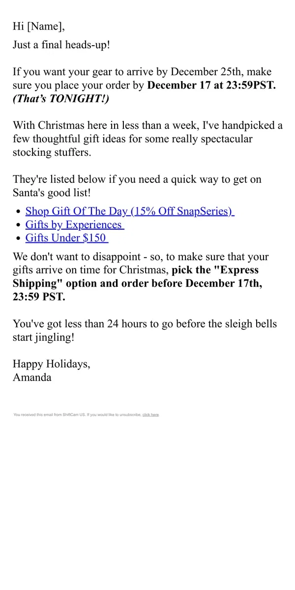 Email from ShiftCam. 🎉 Final Call: Christmas Shipping Cutoff Tonight!