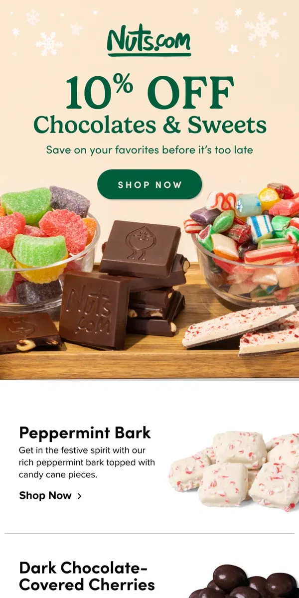 Email from Nuts.com. It’s Snowing 10% OFF Chocolate & Sweets ❄️