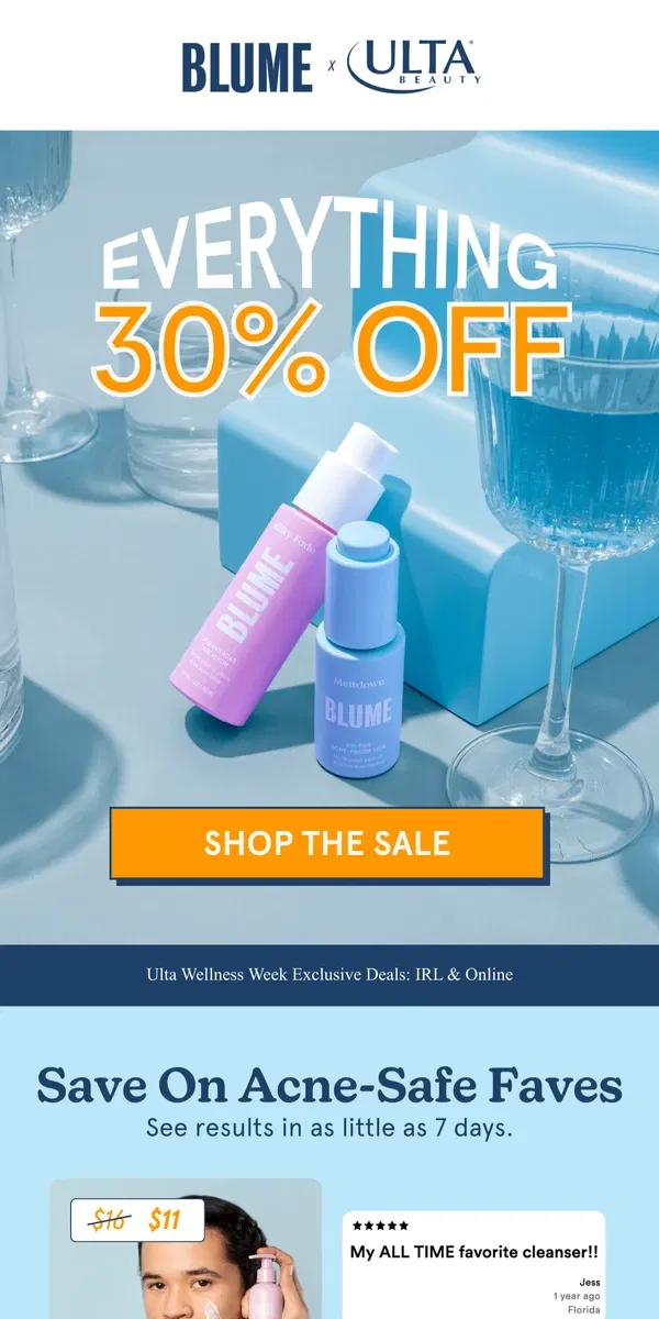 Email from Blume. Acne-Faves: 30% off at Ulta 🧡