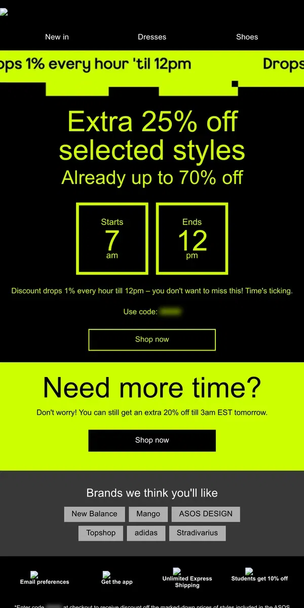 Email from ASOS. Extra 25% off selected Sale styles 7am-12pm EST