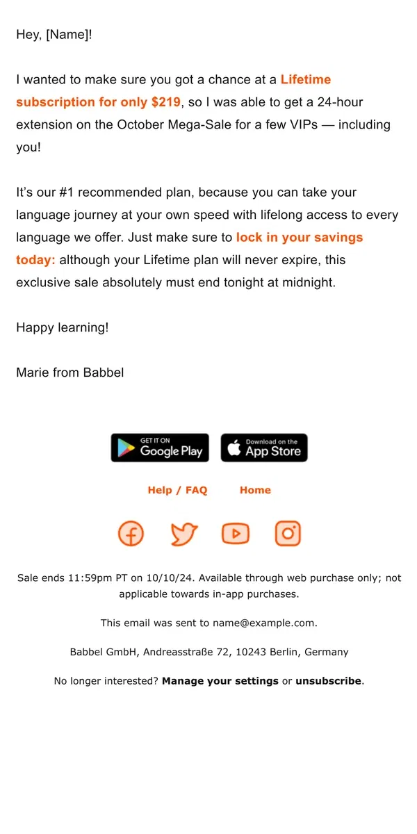 Email from Babbel. *PHEW* Lifetime for $219 is back!