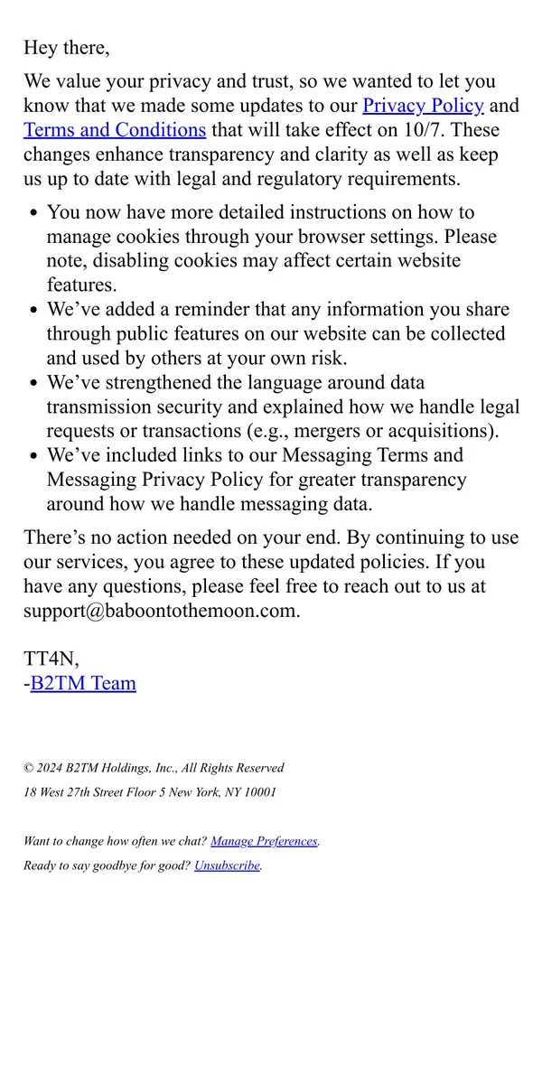 Email from Baboon To The Moon. We're updating our Privacy Policy