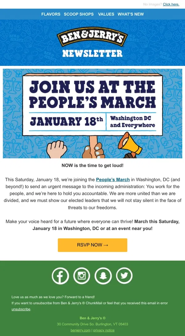 Email from Ben & Jerry's. 📣 MARCH with us this Saturday!