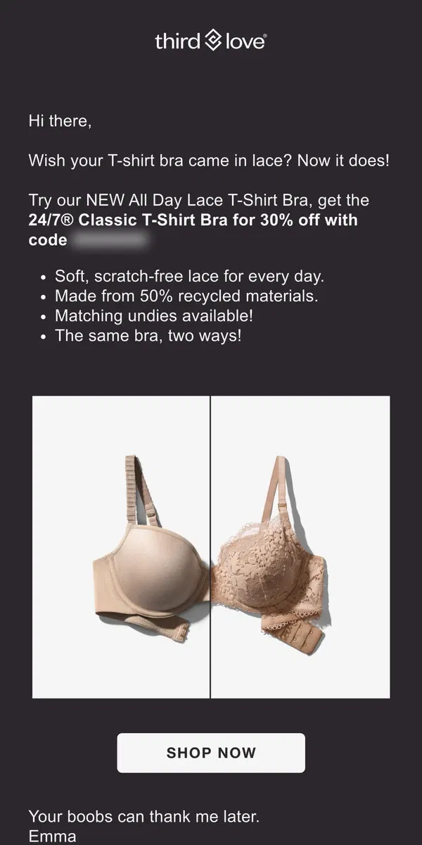 Email from ThirdLove. Get 30% off your T-shirt bra