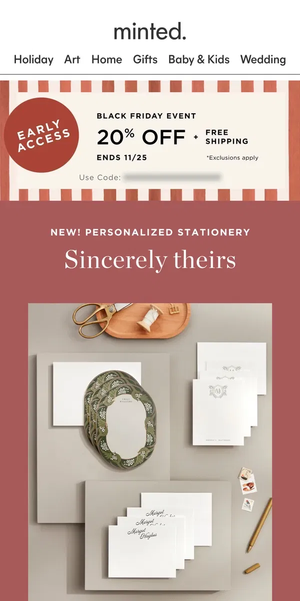 Email from Minted. New! Personalized Stationery