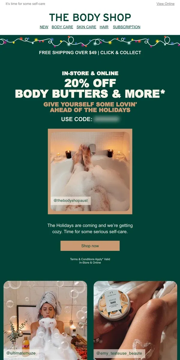 Email from The Body Shop. 20% off* body-loving treats