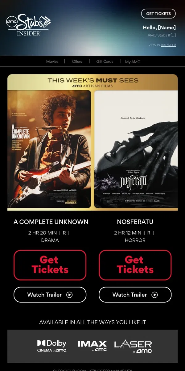 Email from AMC Theatres. [Name], Your Weekly Ticket Is Here