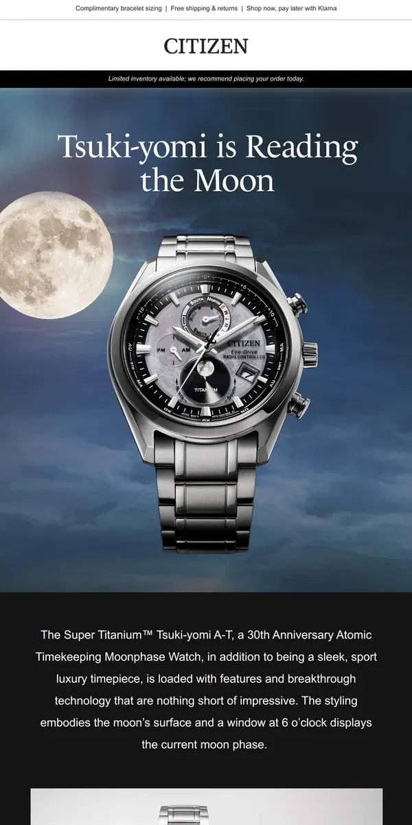 Email from Citizen Watch. Tsuki-yomi: the world's first radio-controlled watch with a Moonphase complication 🌕