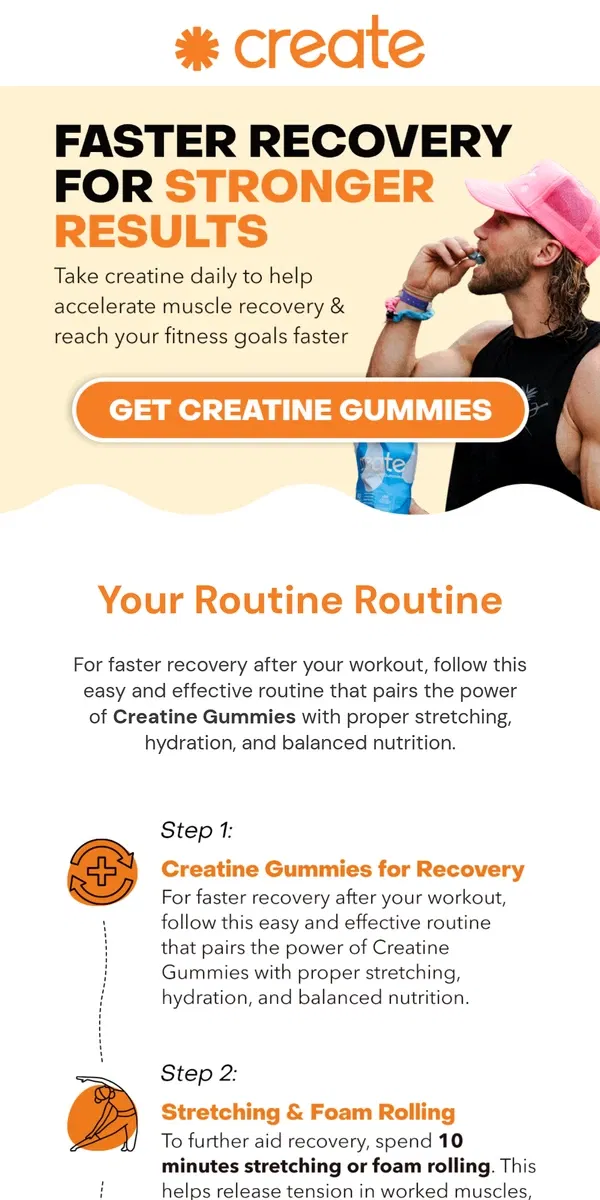 Email from Create Wellness. Try this 4-step recovery routine after your workouts