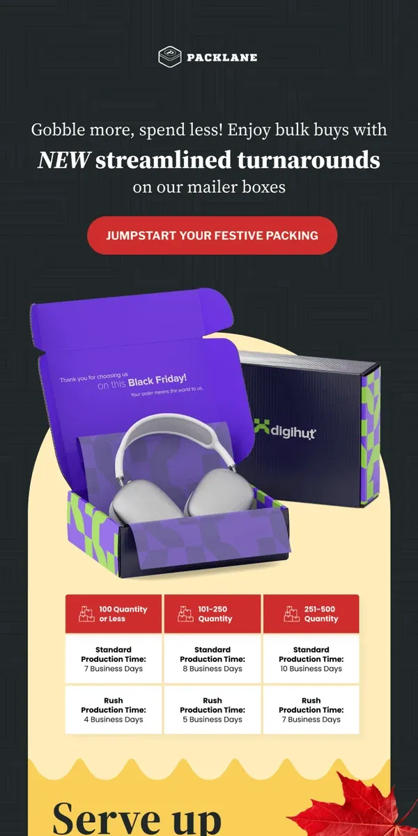 Email from Packlane. Gobble up savings: Bulk buys + faster turnarounds!